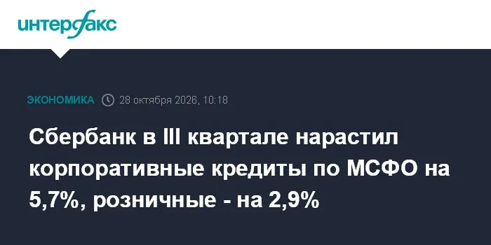 Сбербанк в III квартале нарастил корпоративные кредиты по МСФО на 5,7%, розничные - на 2,9%
