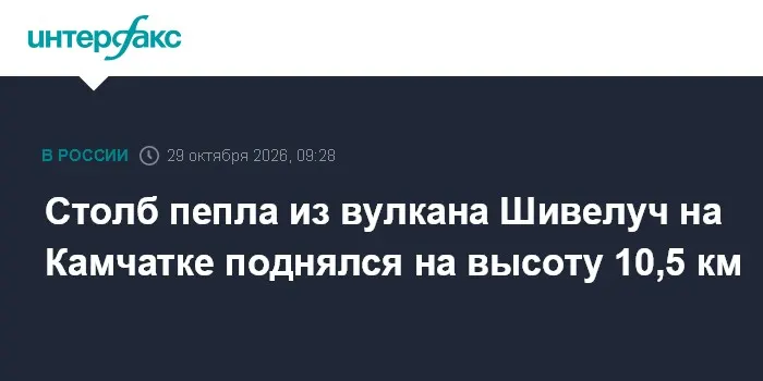 Столб пепла из вулкана Шивелуч на Камчатке поднялся на высоту 10,5 км