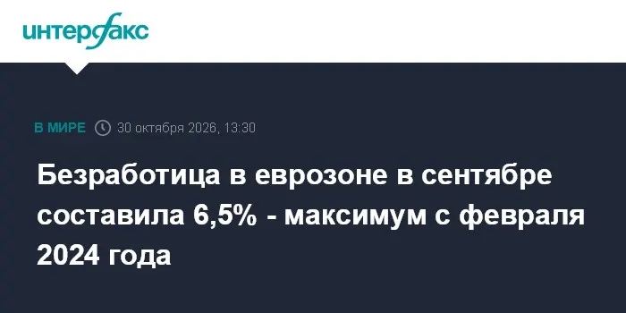 Безработица в еврозоне в сентябре составила 6,5% - максимум с февраля 2024 года